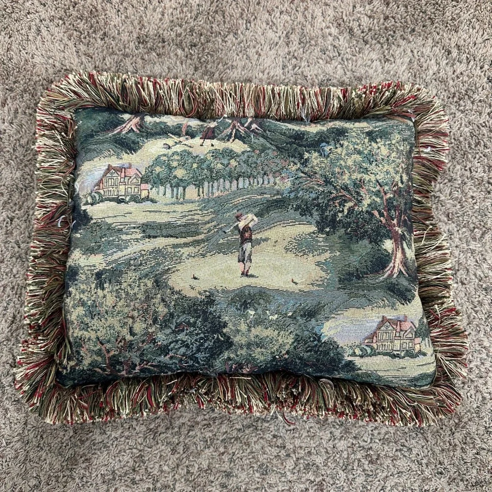 Vintage Golf Tapestry Throw Goose Down Pillow Fringe Striped Country Club Decor